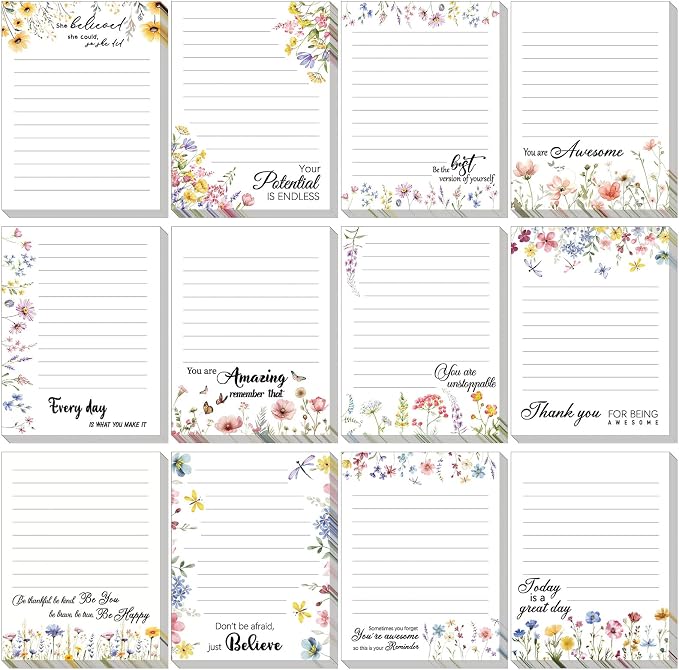 Chiisong 12 Pads Wildflower Sticky Notes Gift 3 x 4 Inches Motivational Adhesive Memo Reminder Inspirational Memo Notepads Employee Appreciation Gift Bulk for Teacher Nurse Mom