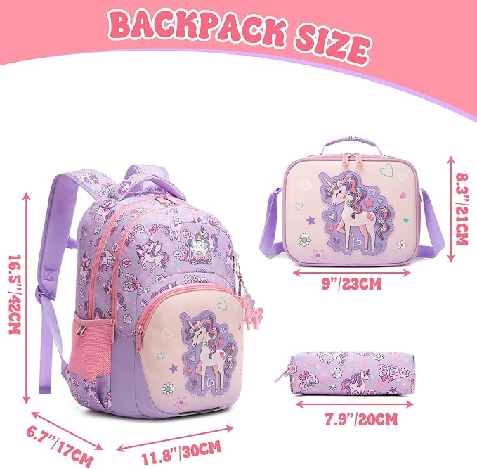 Kids Backpacks for Girls,School Backpack for Girls with Lunch Box Set Cute Unicorn Kids Bookbag for Girl Lightweight Travel Daypack Birthday Christmas for Girl
