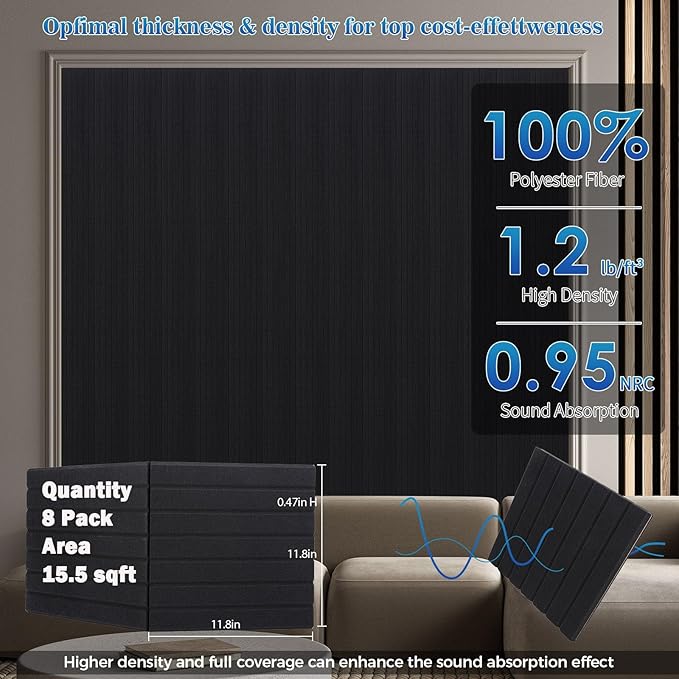 16 Pack Large Fold Soundproof Wall Panels,12 x 12 x 0.47 in Sound Proof Foam Panels for Walls, High Density, Thicker 0.47in, Acoustic Panels, Sound Dampening Panels Black