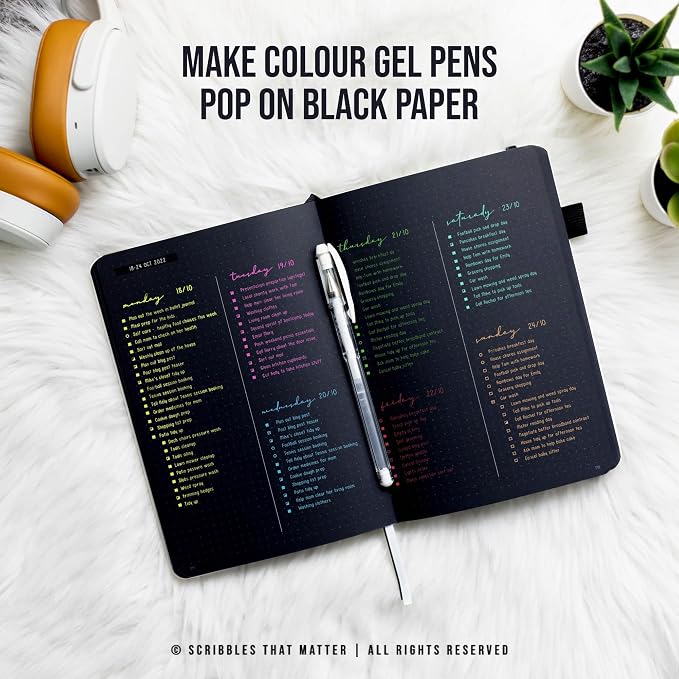 Scribbles That Matter Black Paper Bullet Dotted Journal Notebook | A5 Starry Night Free white gel pen | 160gsm Blackout no-bleed dot grid paper | For Men and Women | 5.75 x 8.5 in | White