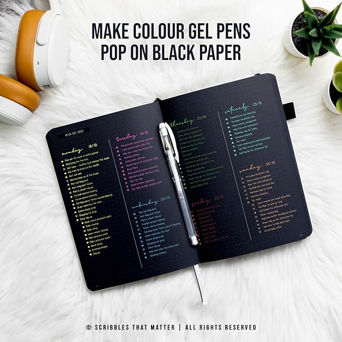 Scribbles That Matter Black Paper Bullet Dotted Journal Notebook | B5 Starry Night Free white gel pen | 160gsm Blackout no-bleed dot grid paper | For Men and Women | 7 x 10 in | White