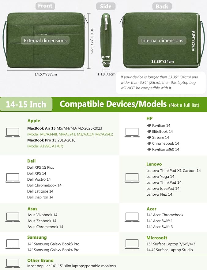 HYZUO 14-15 Inch Laptop Sleeve Bag for MacBook Air 15 M5 A3448 M4 M3 M2 2026-2023, MacBook Pro 15, 15" Surface Laptop, XPS 14/15 Plus, NoteBook Case for 14" HP Dell Lenovo Asus Acer, Grass Green