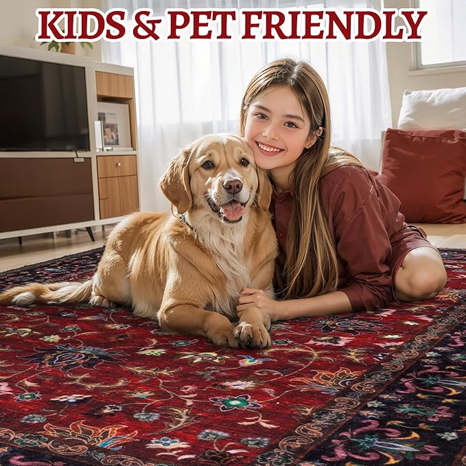 Tangsoo Red 4x6 Washable Area Rug, Vintage Indoor Rugs for Living Room, Non Slip Machine Washable Large Rugs, Soft Print Red Oriental Carpet for Bedroom Dining Room Dorm Office