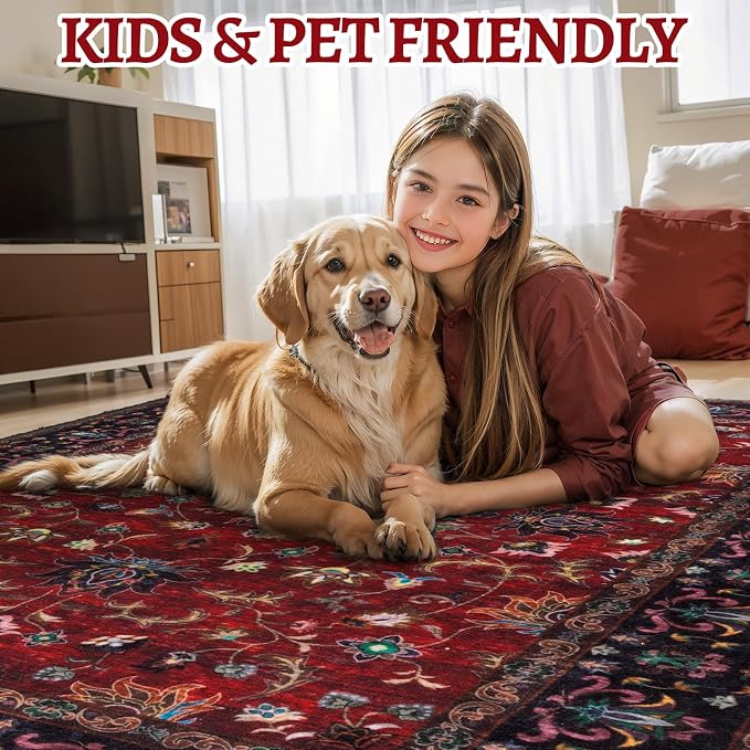 Tangsoo 2.6x10 Hallway Runner Rugs, Washable Runner Rug for Hallway Non Slip Vintage, Soft Low Pile Long Rug Runner, Print Indoor Carpet Runners for Living Room Kitchen Bedroom Entryway Red