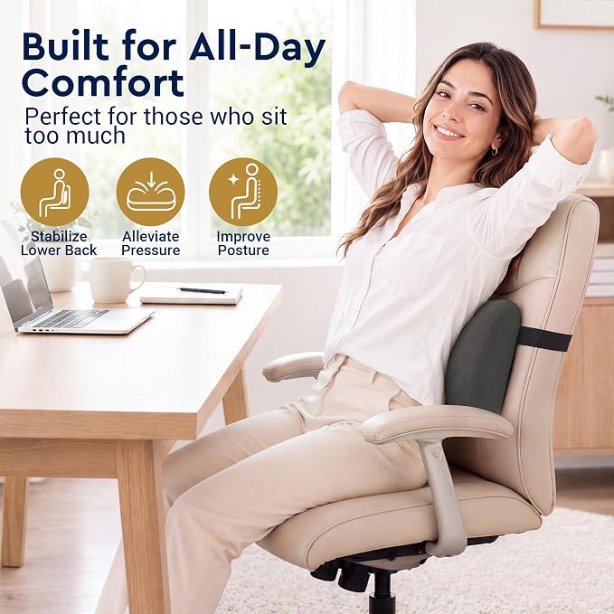 Lumbar Support Pillow for Office Chair - Ergonomic Lower Back Support Pillow with Adjustable Strap, C-Curve Back Cushion with T-Support Core for Car Seat, Gaming Chair, Desk Chair, Grey