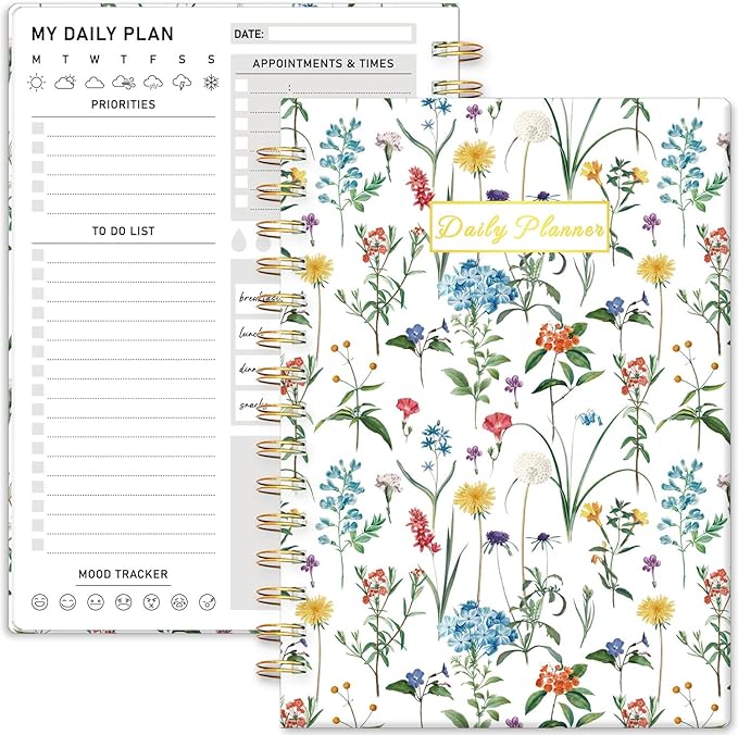 Daily Planner Undated - 6.5"x8.5" To Do List Notebook Spiral Appointment Planner to Organize Tasks & Boost Productivity, Perfect Office & School Supplies for Women & Men, Wildfloral