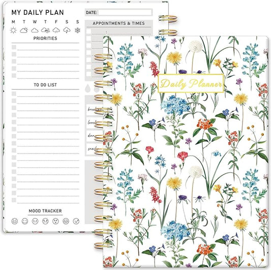 Daily Planner Undated - 6.5"x8.5" To Do List Notebook Spiral Appointment Planner to Organize Tasks & Boost Productivity, Perfect Office & School Supplies for Women & Men, Wildfloral