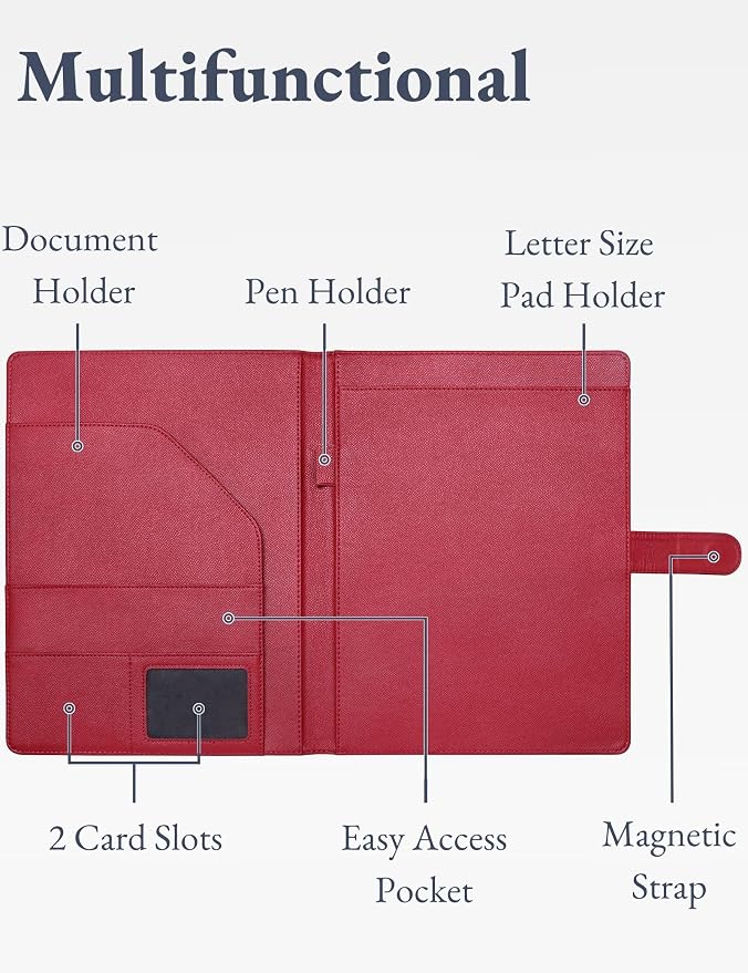 Mymazn Padfolio Portfolio Folder, Faux Leather Interview Resume Folder with Document Organizer & Business Card Holder, Letter-Sized Notepad Legal Pad Holder for Men Women (Dark Red)