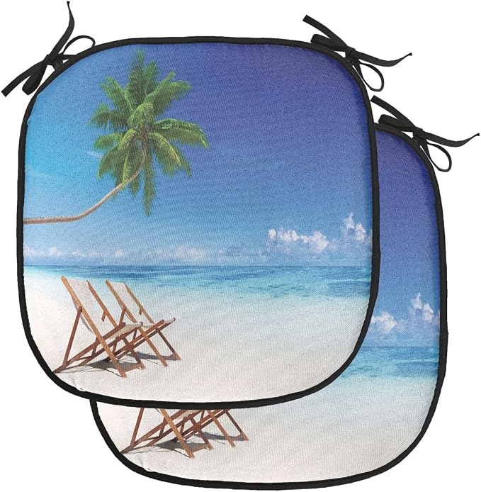 Lunarable Coastal Chair Cushion Pads Set of 2, Havana Paradise Beach Exotic Travel Locations in The Morning Tropical Climate, Anti-Slip Seat Padding for Kitchen & Patio, 16"x16", Blue Brown White