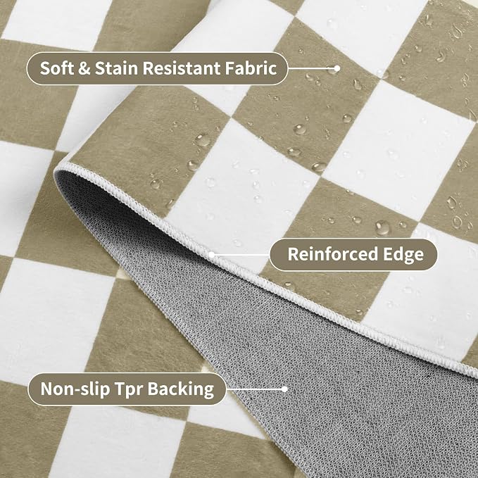 Terrug Beige and White Checkered Rug for Living Room,8x10 Area Rugs Washable with Non Slip for Bedroom,Soft Low Pile Stain Resistance Retro Carpet for Dorm Kids Room