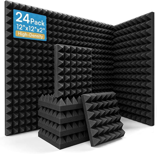 24 Pack Pyramid Acoustic Foam Panels, 12" x 12" x 2", Black | Flame-Retardant, 30 kg/m³ High Density, 2" Thick, Pyramid Design, Non-Adhesive
