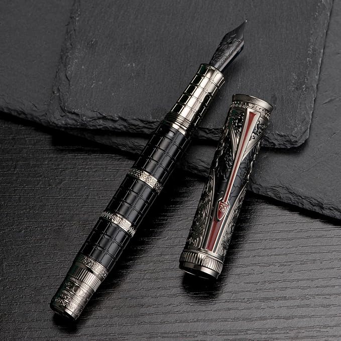 Hongdian D5X Fountain Pen Black Color Medium Nib, Qin Dynasty Retro Chinese Totem Engraving Smooth Writing Pen with Converter and Pen Box Set