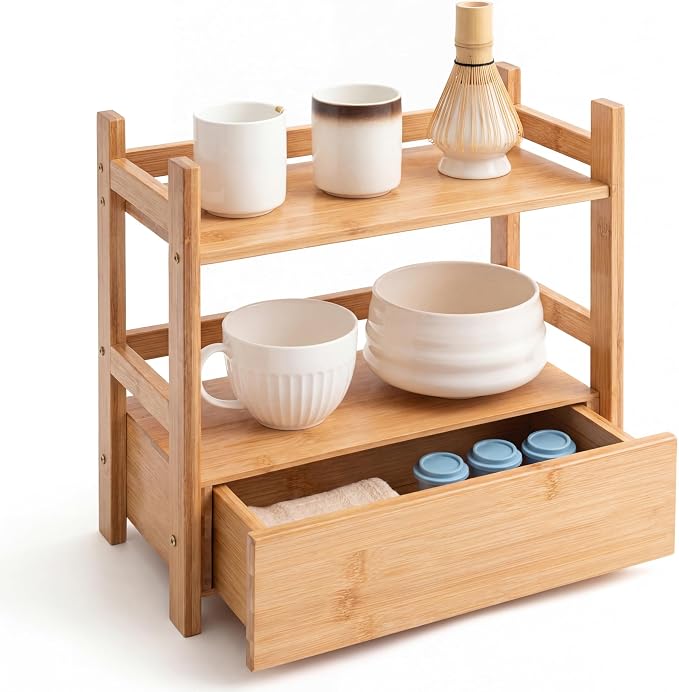 2 Tier Matcha Station Bamboo Organizer with Hidden Drawer, Wood Home Coffee Station Organizer for Kitchen Countertops, Coffee Bars, Kitchen & Office Storage(13 L x 6.5 W x 12.6 H)(Natural)