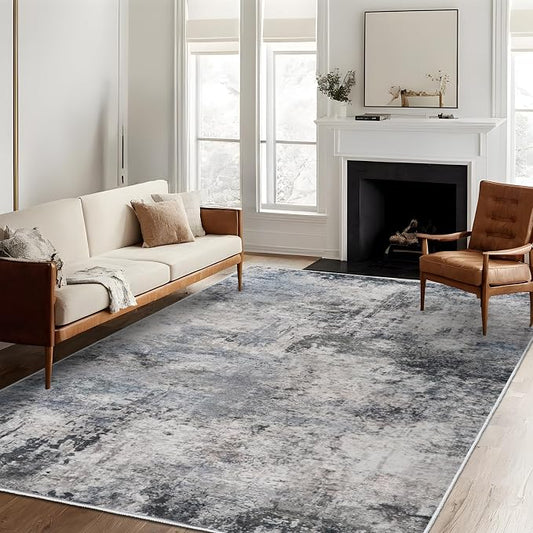 RUUGME Washable Abstract Rug 5x7: Stain Resistant Non-Slip Living Room Area Rug - Soft Low Pile Carpet for Bedroom Office Nursery - Distressed Indoor Floor Mat for Modern Home Decor (5X7 Blue)