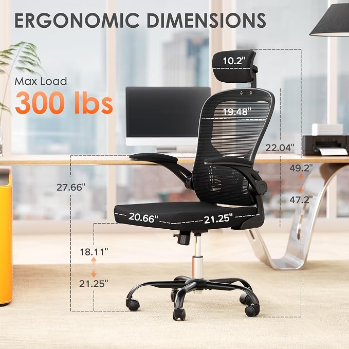 INTERGREAT Ergonomic Office Chair, High Back Home Office Desk Chair with Wheels, Breathable Mesh Computer Chairs with 3D Armrests and Headrest, Comfortable & Easy Assembly,Black