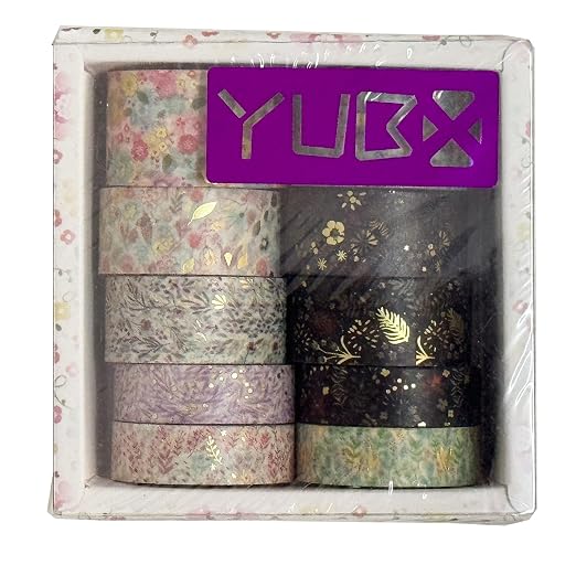 Creative Washi Tape Set 10 Rolls Gold Foil Print Decorative Masking Tapes for Arts, DIY Crafts, Journals, Planners, Scrapbook, Wrapping (Garden Maze)