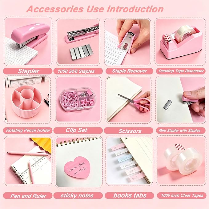Office Supplies Set Rotating Pen Holder for Desk with Stapler Staple Remover Tape Dispenser,2pcs Tape Refills, Binder Paper Clips Kit, Scissor,Pen Ruler & Sticky Tabs,Pink Office School Supplies(Pink)