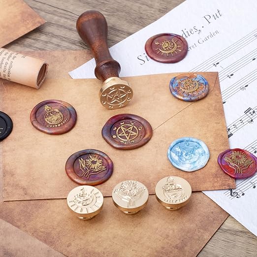 Wiccan Wax Seal Stamp Set, Pagan Pentagram Moon Phases Sealing Stamp Head, Vintage Evil Eye Triple Moon Pentacle and Sun Bottle Pattern Kit with Gift Box for Letter Envelope Witchcraft Invitation Card