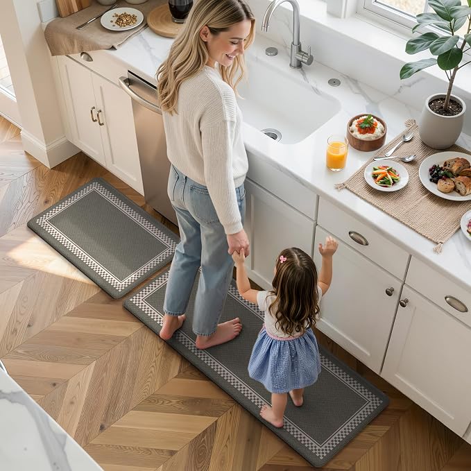 KIMODE Anti Fatigue Mats for Kitchen Floor Checkered Kitchen Rugs Sets of 2 | Sage Green Cushioned Kitchen Floor Mats Non Slip,Farmhouse Standing Mat for Sink Laundry Office Desk Dorm 17"x47"+17"x29"