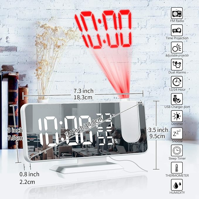 Projection Digital Alarm Clock for Bedrooms, Clock Radio on Ceiling, USB | Charger Port, Temperature & Humidity Display, 7.3” Large Mirror LED Display,12/24H,Snooze,Dual Loud Alarm Clock- 4 Dimmer