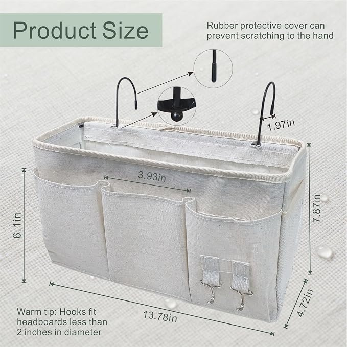 White Bedside Caddy Wall Bag for Dorm Bunk Hospital Beds, Stores Phone Books Glasses