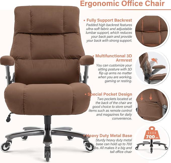 Big and Tall Office Chair 700lbs, Fabric Heavy Duty Executive Desk Chair | 3D Flip Arms, Extra Wide, Upgraded Wheels, Adjustable Lumbar Support, Metal Base, Large Ultra-Soft Ergonomic Computer Chairs