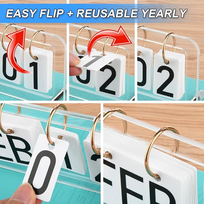 Cosmos Desk Flip Calendar Perpetual Desk Date Calendar Ring Flip Daily Block Calendar for Home Office Teacher Desktop Accessory, Reusable Month Day Display Desk Standing Calendar Decoration, Acrylic