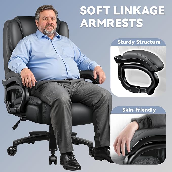 Big and Tall Office Chair 500lbs with Lumbar Support, Ergonomic Heavy Duty Black Office Chair, Leather Office Executive Chair with Quiet Rubber Wheels, Grey Office Comfortable Chair for Heavy People