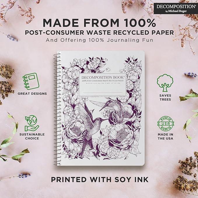 Decomposition Hummingbirds College Ruled Spiral Notebook - 9.75 x 7.5 Journal with 160 Lined Pages - 100% Recycled Paper - Notebooks for School Supplies, Home & Office - Made in USA