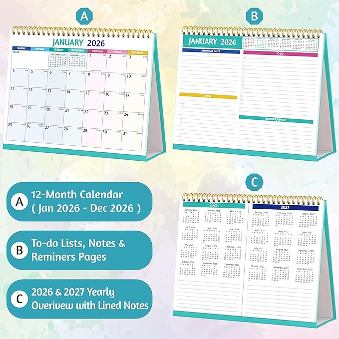 Desk Calendar 2026 - Standing Flip Desktop Calendar 2026, 12 Months Jan 2026 - Dec 2026, 11" x 8.5", Large with Notes, To-Do, Yearly Overview, Thick Paper, Great for Easy Planning - Multicolor