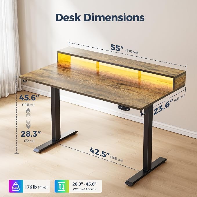 Klicelor Electric Standing Desk with Shelf, 55 Inch Height Adjustable Desk with Power Outlets & LED, Sit Stand Up Table with Monitor Stand, Computer Workstation for Home Office, Rustic Brown