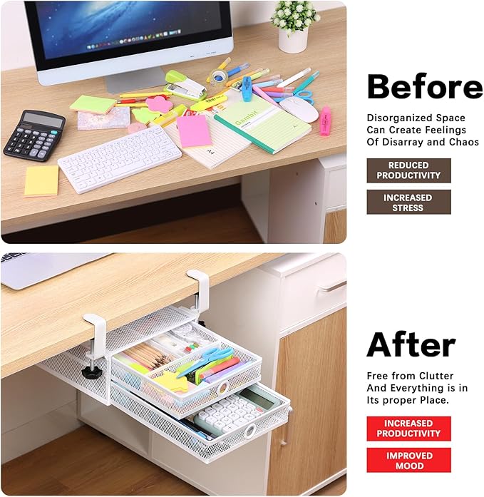 Under Desk Drawer, Clamp on Desk Organizer Slide Out Table Storage No Drill | 2Tier Under desk drawer: clamp on desk organizer, under desk drawer slide out, hanging desk organizer, no drill table storage