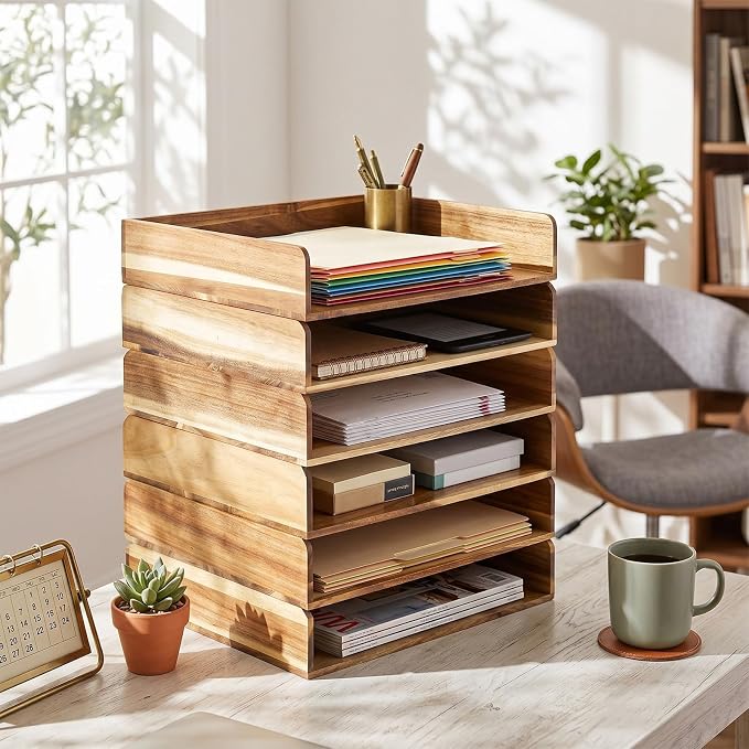 Novabright 6 Pcs Stackable Paper Organizer Tray Acacia Wood Desk Organizer Letter Tray Desktop Letter Size Office Wooden Desk Shelf Paper Holder Folder Organization Rack for File Document (Acacia)