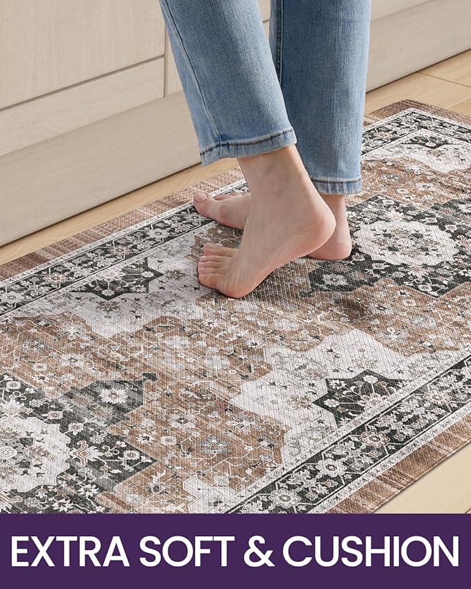 DEXI Kitchen Floor Mats Cushioned Anti Fatigue, 23x59 Long Wide Standing Comfort Runner Rug, Waterproof Retro Floral Memory Foam Padded for Front Sink Laundry, Black/Brown