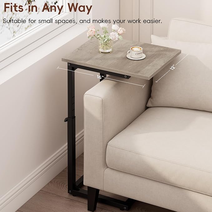 Vagusicc C-Shaped End Table, 33" Tall C Table Adjustable Height Side Table, Small Couch Table with Metal Frame, Slide Under Sofa TV Tray for Living Room, Bedroom, Bedside, Small Spaces, Gray