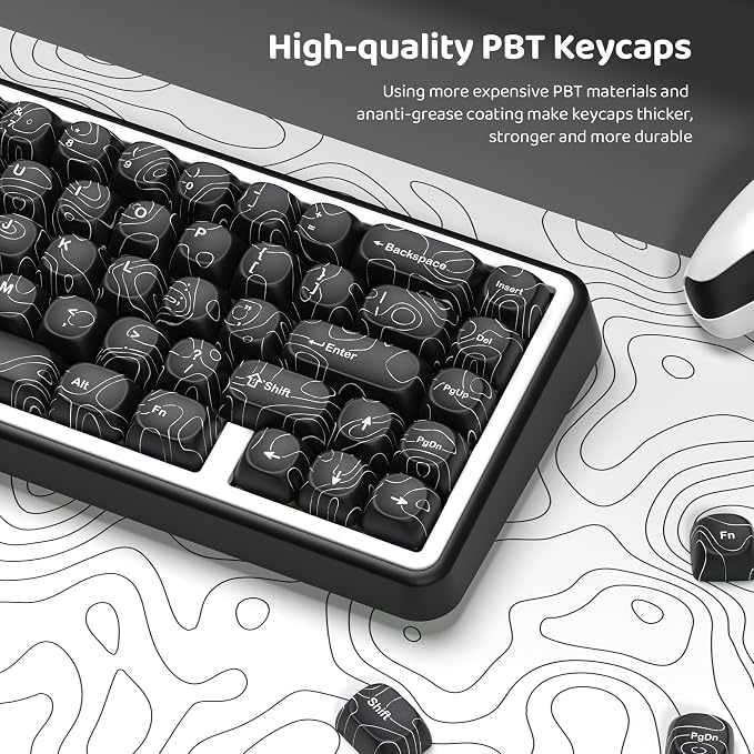 dagaladoo Black Topographic Keycaps Set,MOA Profile PBT Key caps100 Percent,Dye-Sub 129-key Custom Keyboard Keycap for 100% 75% 65% 60% TKL US Layout Mechanical Keyboard