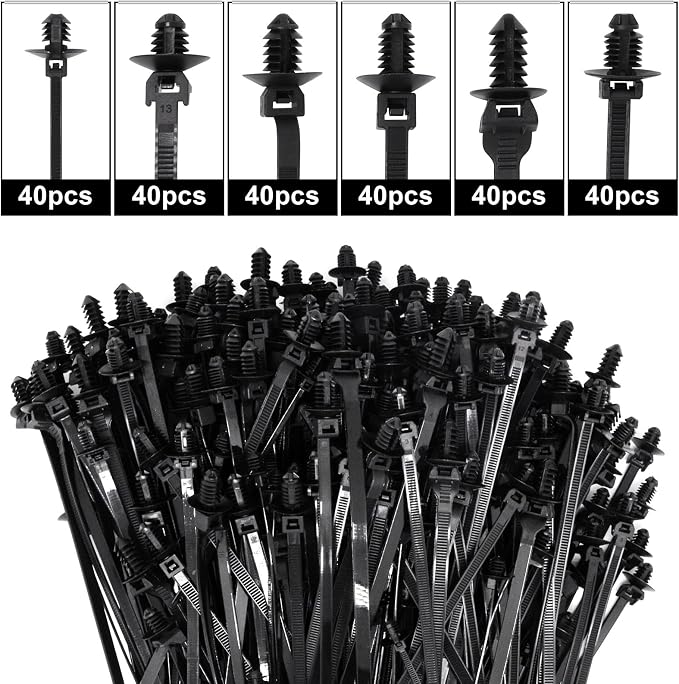 240 PCS Push Mount Zip Ties, Nylon Car Mount Wire Ties Snap in Cable Zip Ties, Black Push Mount Cable Ties Automotive Zip Ties Fastener Wire Harness Clips for Wire Tying (6-Types)