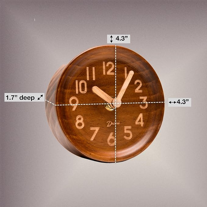 Driini Wooden Analog Desktop Clock – 4.3 in. Decorative Pinewood, No-Tick Design – Easy to Read Silent Sweep Mantle Clock – Quiet Tabletop Clocks with Wood Body, Hands, & Battery Cover; Dark