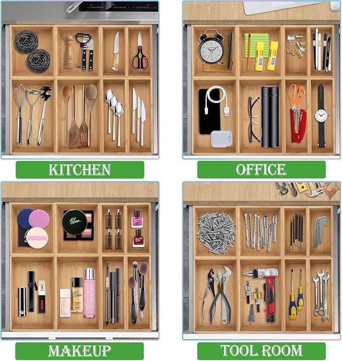 LEIMO KPARTS 8 Pcs Bamboo drawer Organizer Storage Box, Bin Set - Multi-Use bamboo Drawer Organizer Storage boxes for Kitchen Utensils, Bathroom, Office Desk, Makeup(8 Boxes)