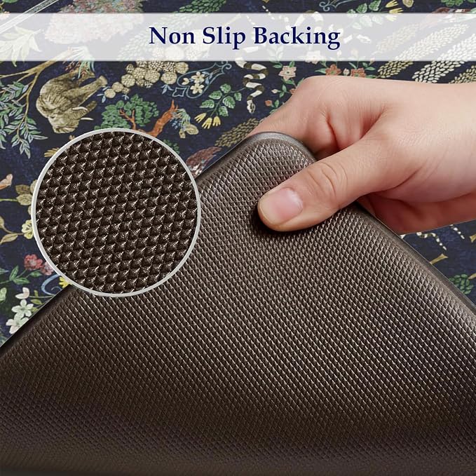 KIMODE Anti Fatigue Kitchen Mats for Floor 17"x47"+17"x29", Dark Blue Vibrant Floral Kitchen Rugs, Non Slip Waterproof Kitchen Floor Mats, Comfort Standing Mats for Laundry Office Sink Desk