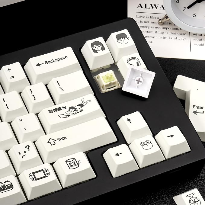 PBT Keycaps 130 Keys, White Cute Keycaps, Cherry Profile Dye-Sublimation Custom Keycap Set for 60% 65% 75% 80% 100% Mechanical Keyboard