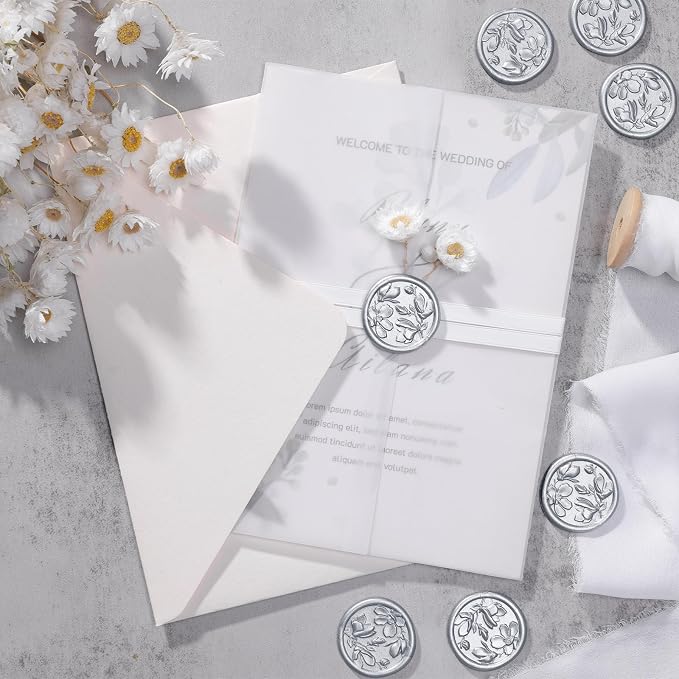 UNIQOOO Wax Seal Stickers - 3D Magnolia Wedding Invitation Envelope Botanical Seal Stickers, 50 Pcs Self- Adhesive Silver Stickers, Perfect for Invitation, Christmas, Gift Wrapping, Party