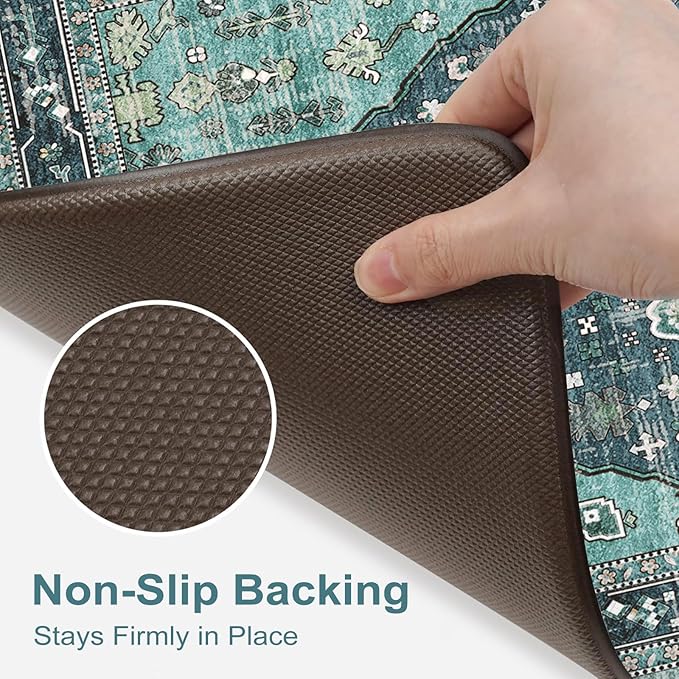 Collive Boho Kitchen Mats for Floor 2 Piece, Cushioned Anti Fatigue Kitchen Floor Mat Non-Skid Waterproof Under Sink Rug, Teal/Multi Comfort Standing Desk Rugs for Office, 17"x29"+17"x47"