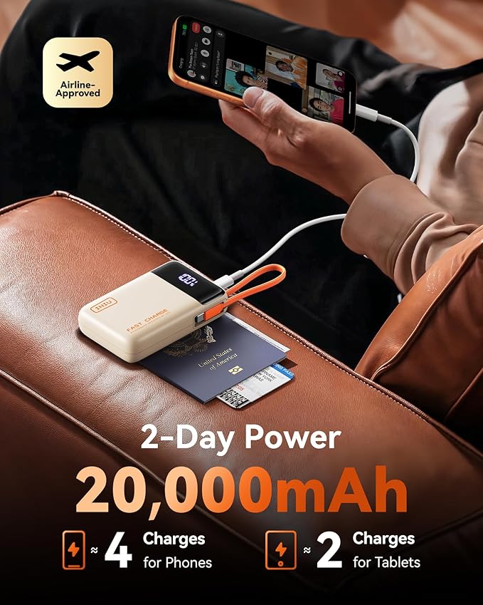 INIU 20000mAh Power Bank, Small 45W PD Fast Charging Portable Charger with Built-in USB C Cable, Flight-Safe Travel External Phone Battery Pack for Women, Girls, Daily Commute, Gift, Beige