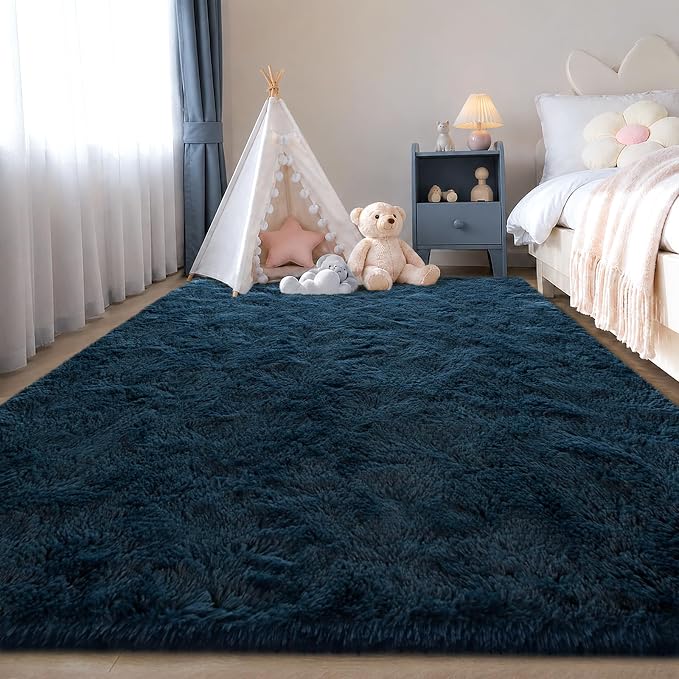 Zentavio Blue Rug Boys Rugs for Bedroom 4x6 Dark Blue Carpet Nursery Aesthetic Kids Playroom Navy Area Rugs for Teen Home Decor Fluffy Shag Bedside Floor Living Room Carpet