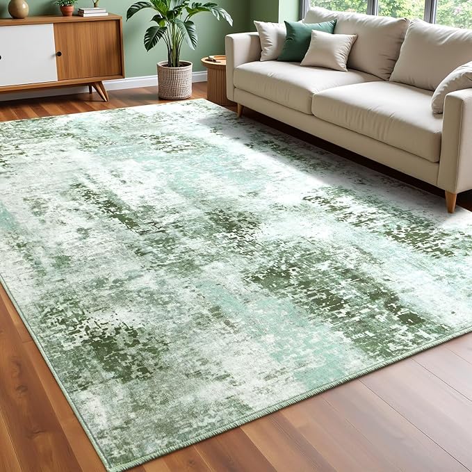 Macgace Washable Abstract Rug, 5x7 Modern Area Rugs with Non-Slip Rubber Backed for Living Room, Thin but Soft Contemporary Carpet Kitchen Bedroom Dining Room Decor, Green