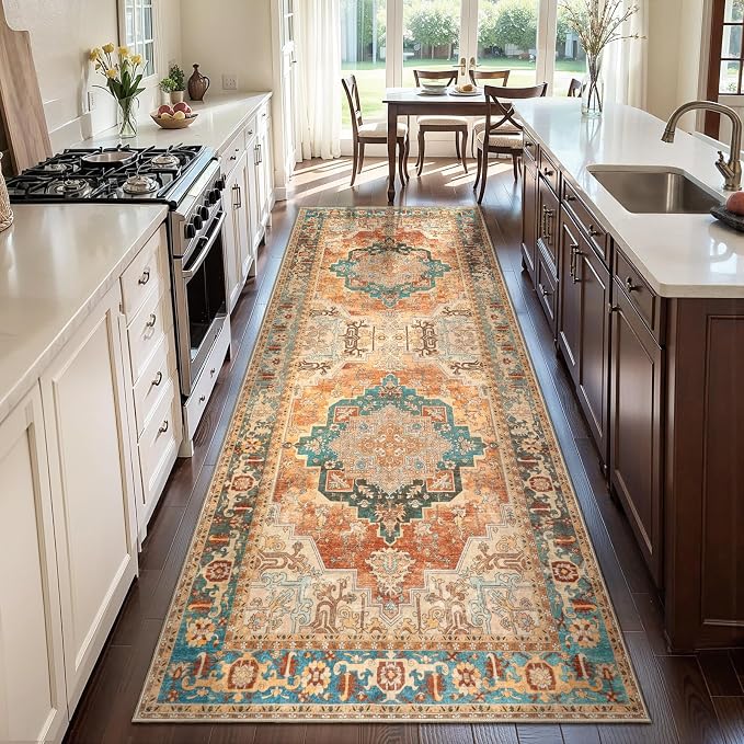 Tangsoo 2.6x8 Washable Runner Rug for Hallways, Non Slip Vintage Runner Rug, Soft Low Pile Long Rug Runner, Print Distressed Orange Carpet Runners for Kitchen Bedroom Entryway Bathroom Living Room