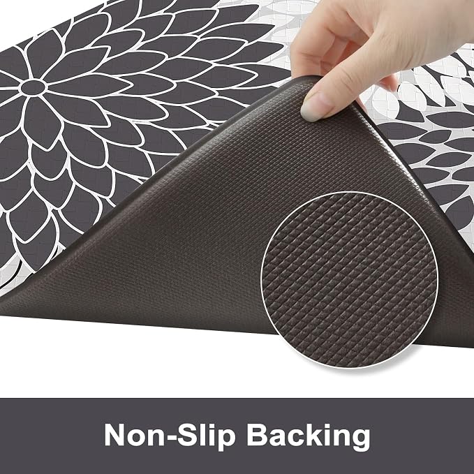 KIMODE Half Circle Anti Fatigue Mats for Kitchen Floor Rug Sets of 3 | 18"x28+18"x47"+18"x59",Pink,Dahlia Floral Boho,Half Round,3PCS,Non Slip,Waterproof,for Sink Office Laundry Bathroom Decor