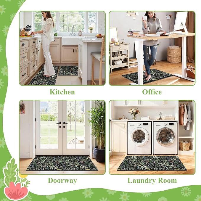 SHACOS Botanical Kitchen Rugs Set of 2, 17x27.5+17x47 inch | Black Green Anti Fatigue Mats for Kitchen Floor, Greenery Plants Ergonomic Cushioned Mats Leaf Floral Farmhouse