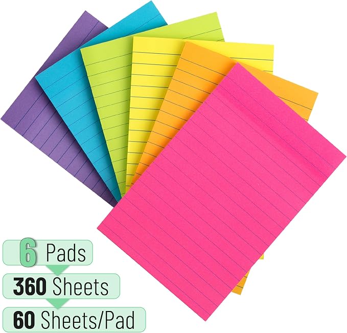 Mr. Pen- Lined Sticky Notes, 4" x 6", 6 Pads, 60 Sheets/Pad, Vibrant Color | Sticky Notes with Lines, Ruled Post Stickies, Memo Pads, Self-Stick Note Pad for Office, School, Home, Study